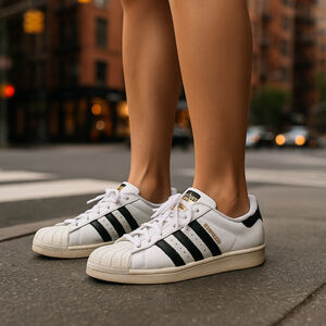 Adidas Superstar White Black Striped Sneakers 9.5 Classic Streetwear Quiet Luxe